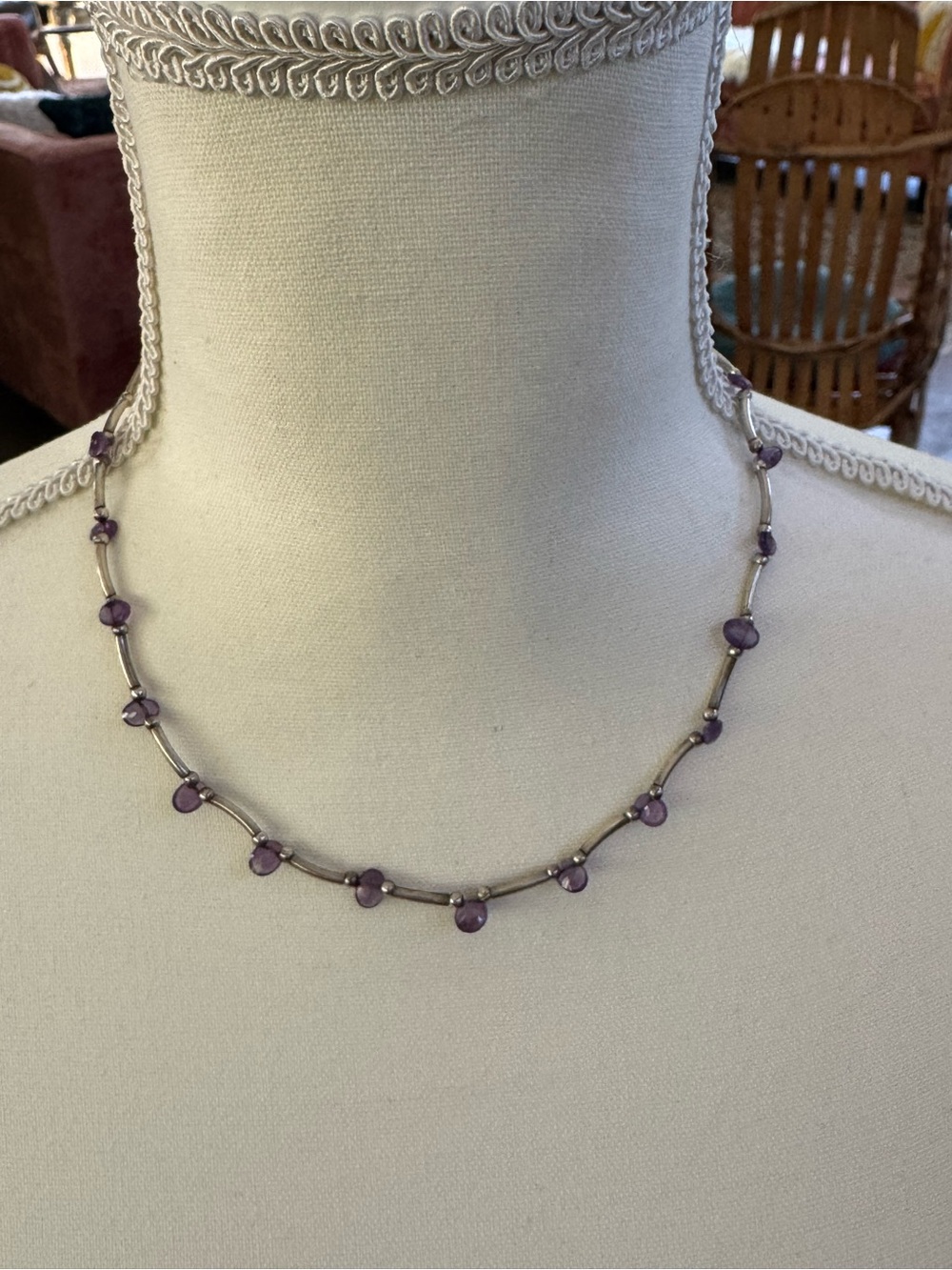 Silver toned tube bead Necklace with amethyst crystal tear drops, sterling clasp